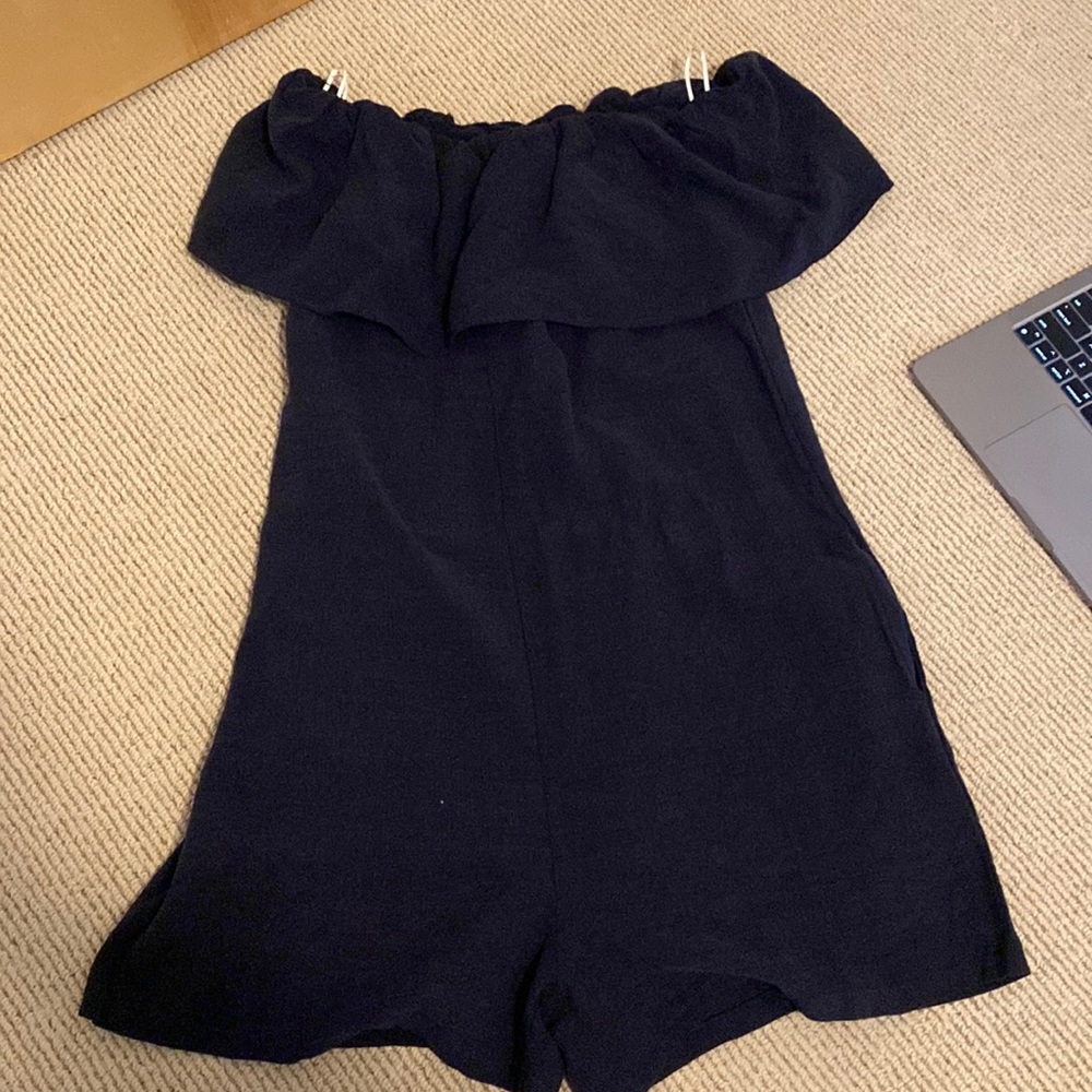 Off the shoulder navy shorts romper
